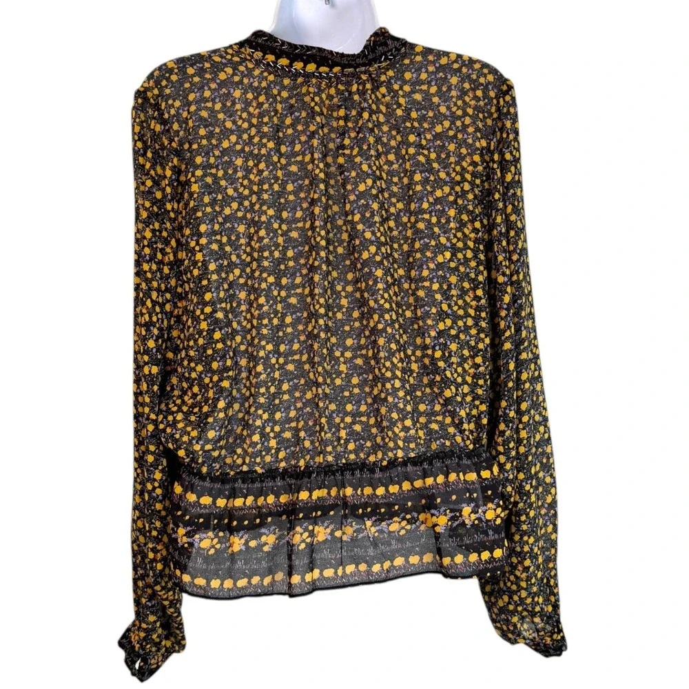 Free People Womens Sheer Floral Beaded Peplum Top Sz M Black Yellow Boho Cottage